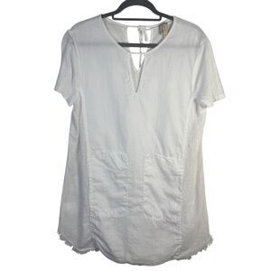XCVI White Linen and Cotton Short Sleeve Tunic Top Size Medium Raw Hem Pockets